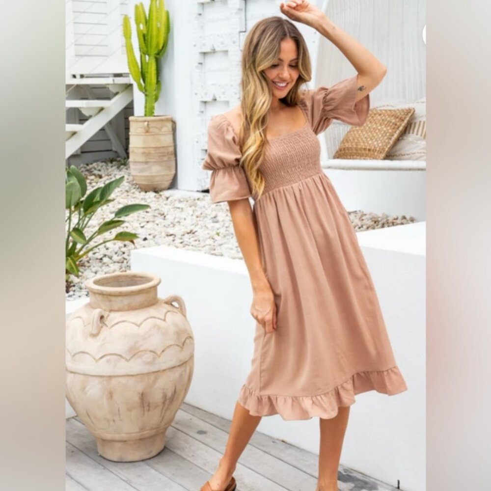 Girl And The Sun 💚 Soleil Midi Dress XS Smocked Linen Blend Puff Sleeve